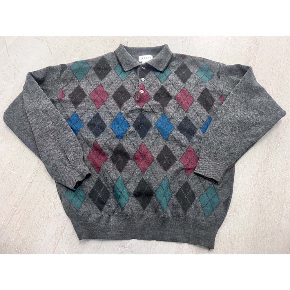 Alfani Polo Sweater Mens Medium Gray Argyle Knit Ribbed Long Sleeve Classic Cozy